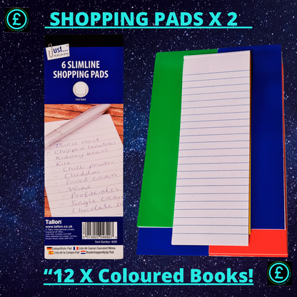 Two slimline shopping pads with a colorful design on a blue background