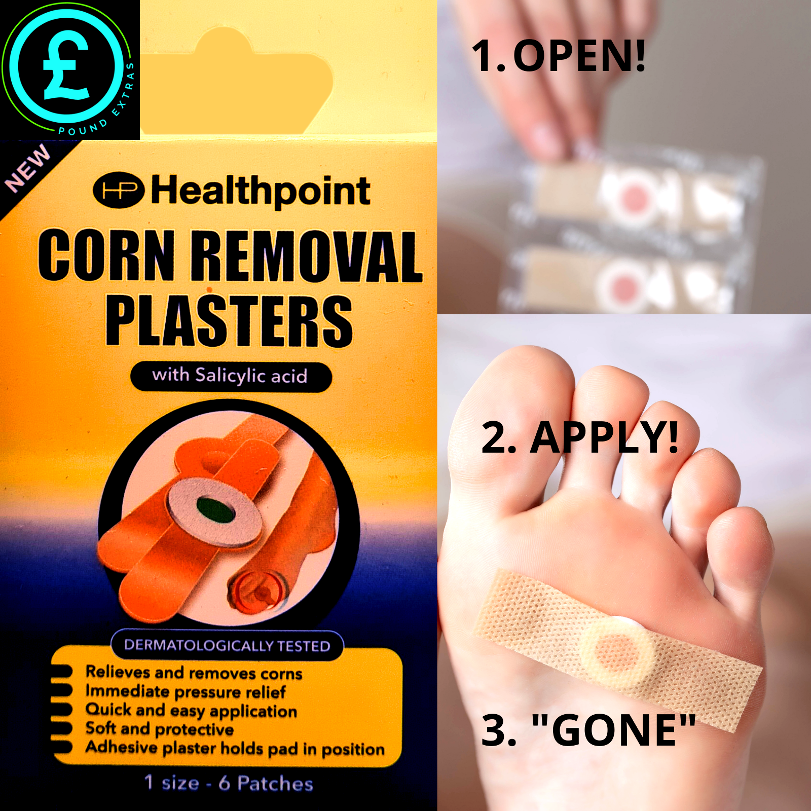 Healthpoint corn removal plasters packaging with usage instructions.