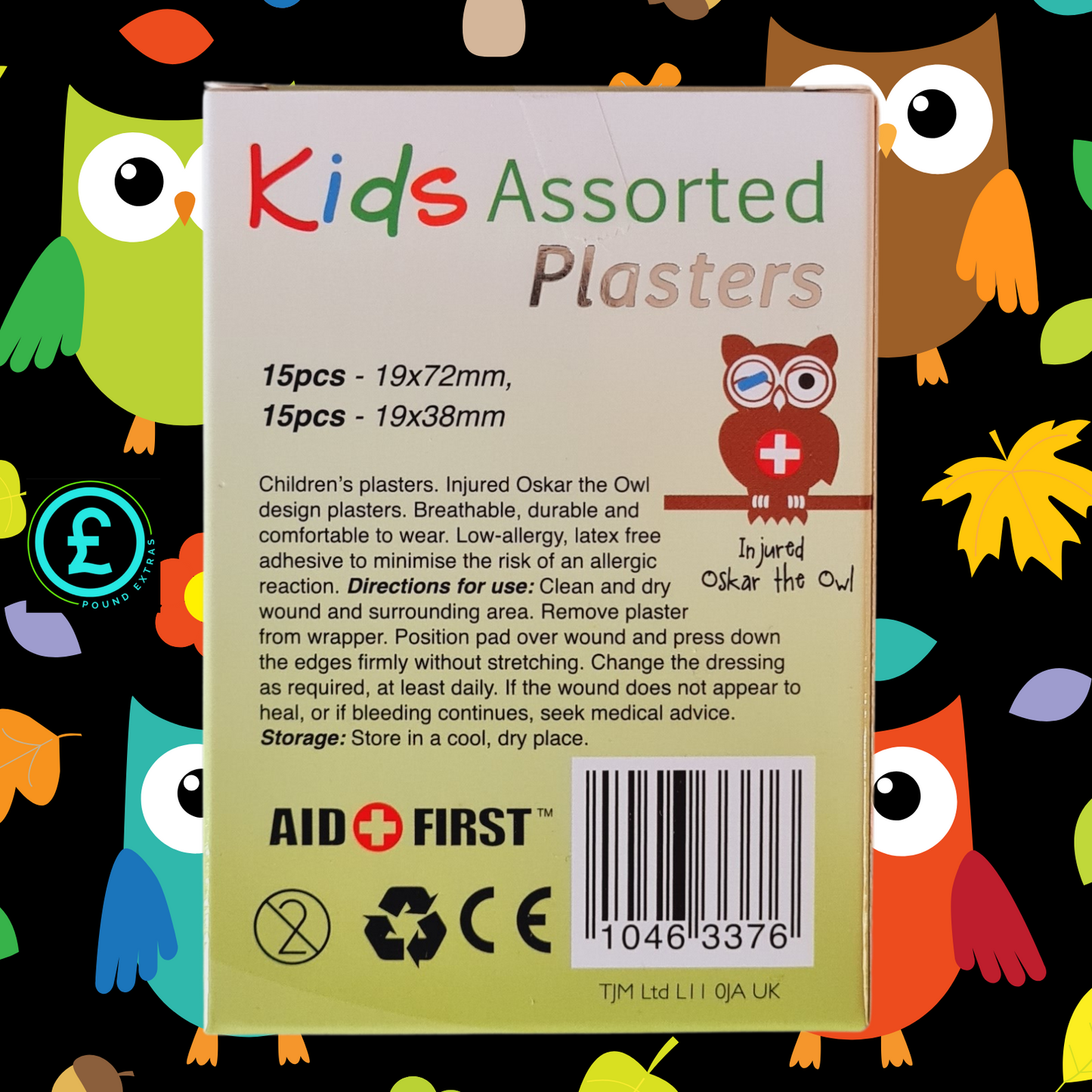 Packaging of Kids Assorted Plasters with colorful owl illustrations on a black background