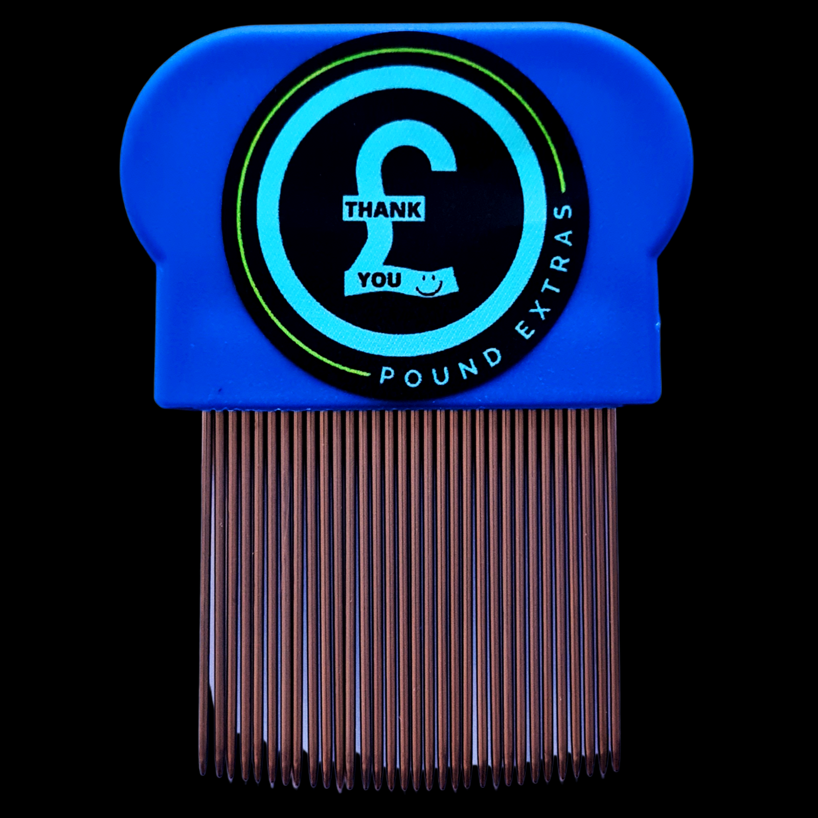 Blue comb with a circular logo on a black background