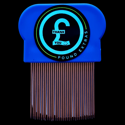 Blue comb with a circular logo on a black background