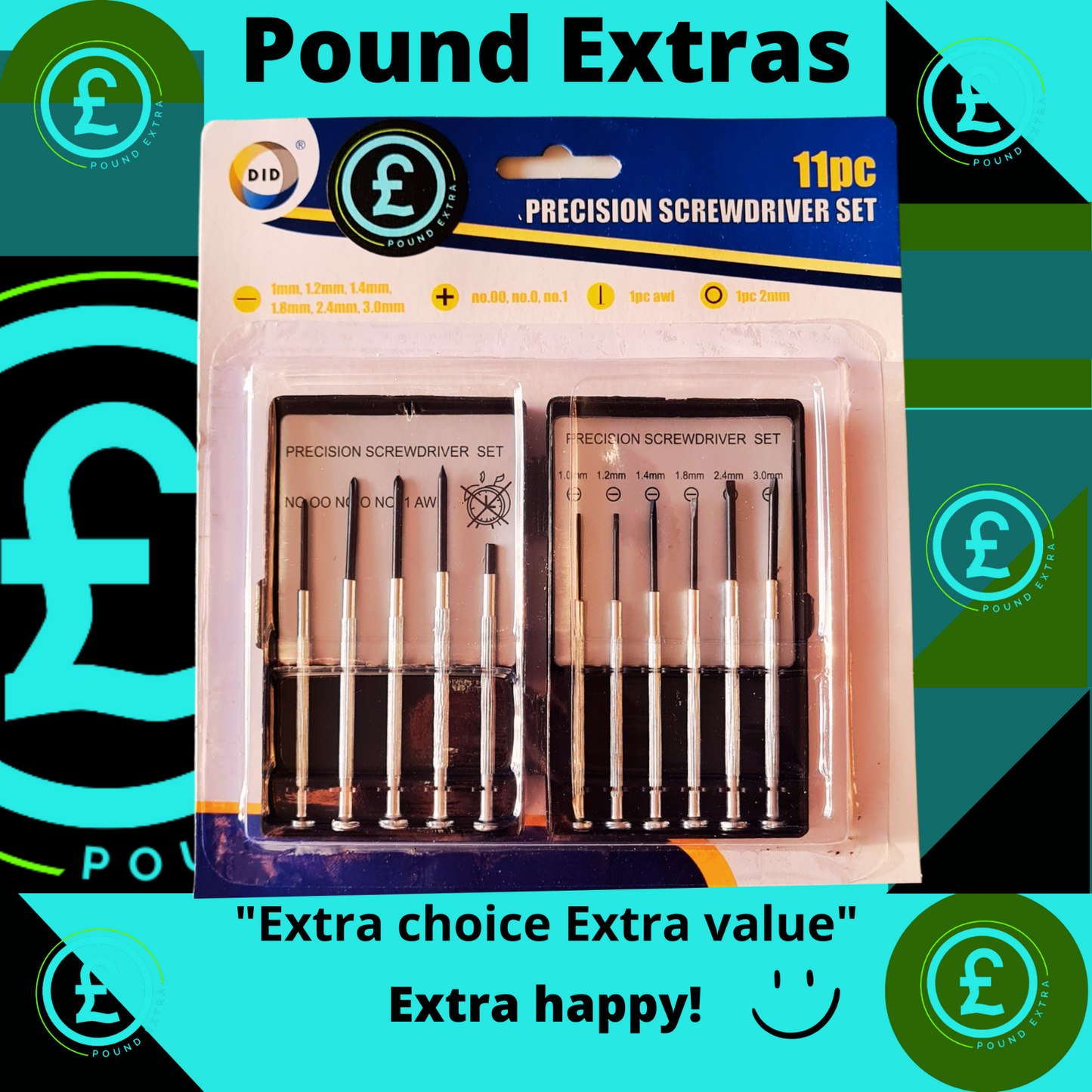 Packaged precision screwdriver set with Pound Extras branding on a colorful background