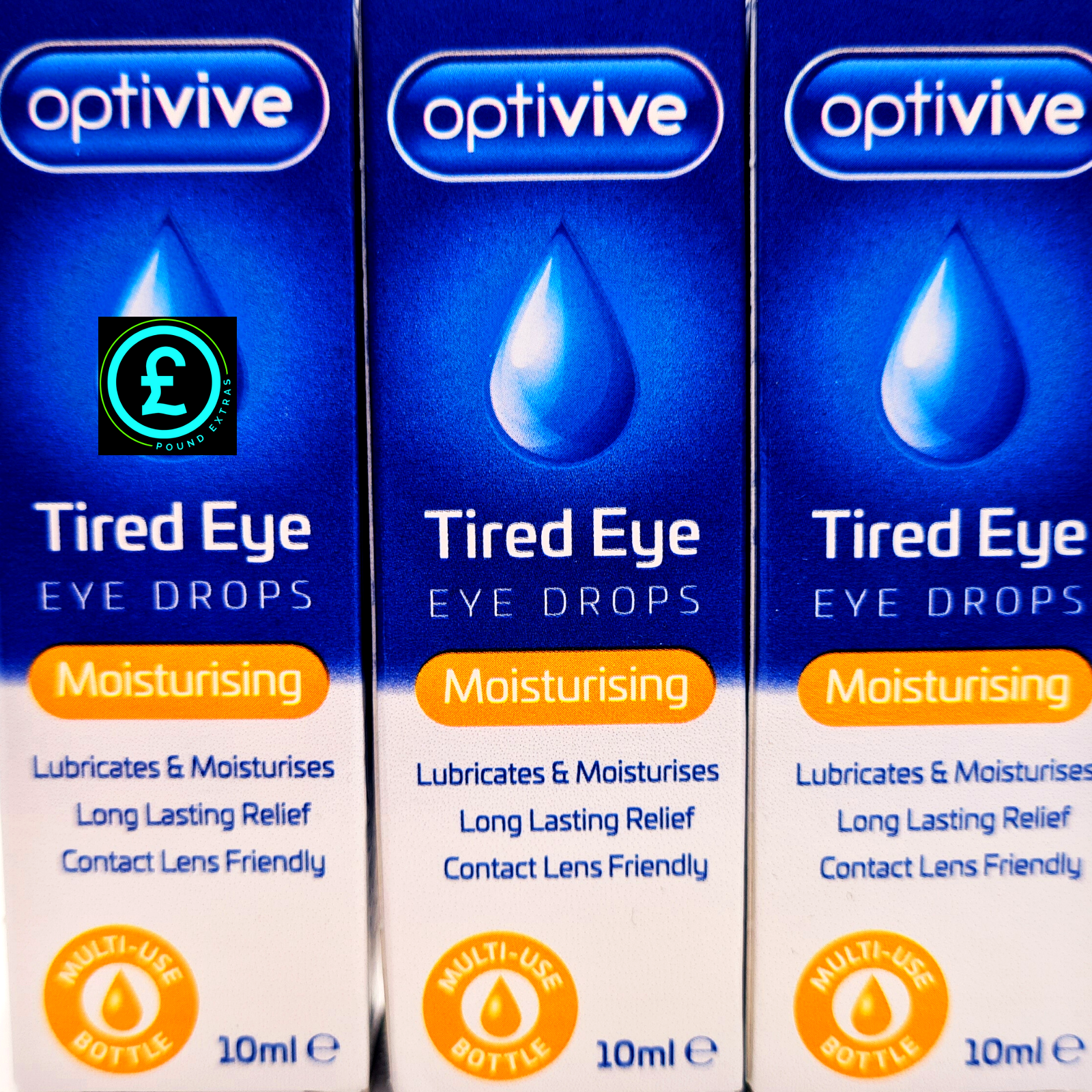 Three boxes of Optivive Tired Eye Eye Drops with blue and white design.