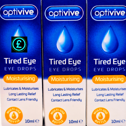 Three boxes of Optivive Tired Eye Eye Drops with blue and white design.