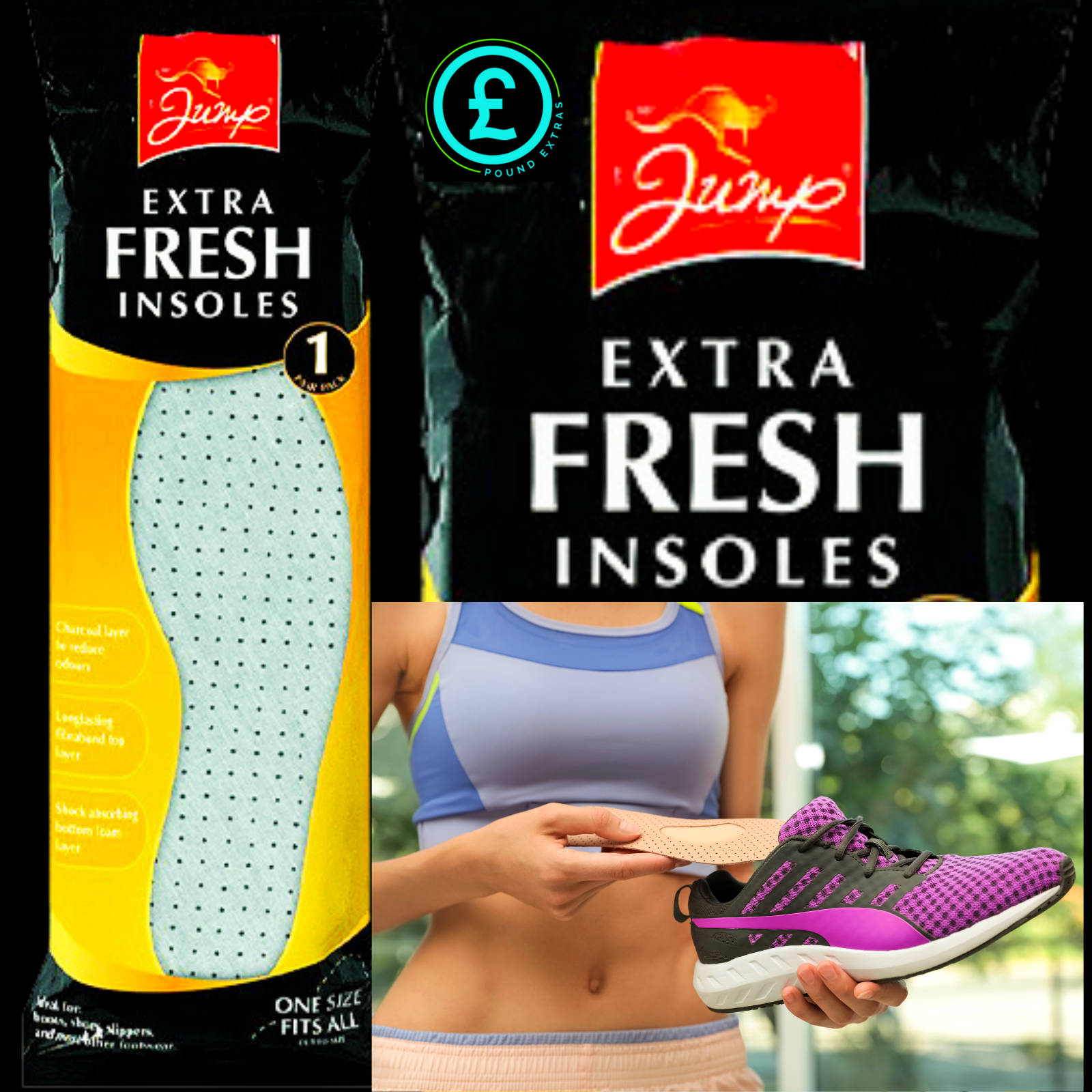❤️ POUND EXTRAS 😊 Charcoal anti-odour insoles 🦶 unisex, fresh-feet comfort for shoes, boots & slippers. Jump Extra Fresh design helps reduce odours & boost comfort.
