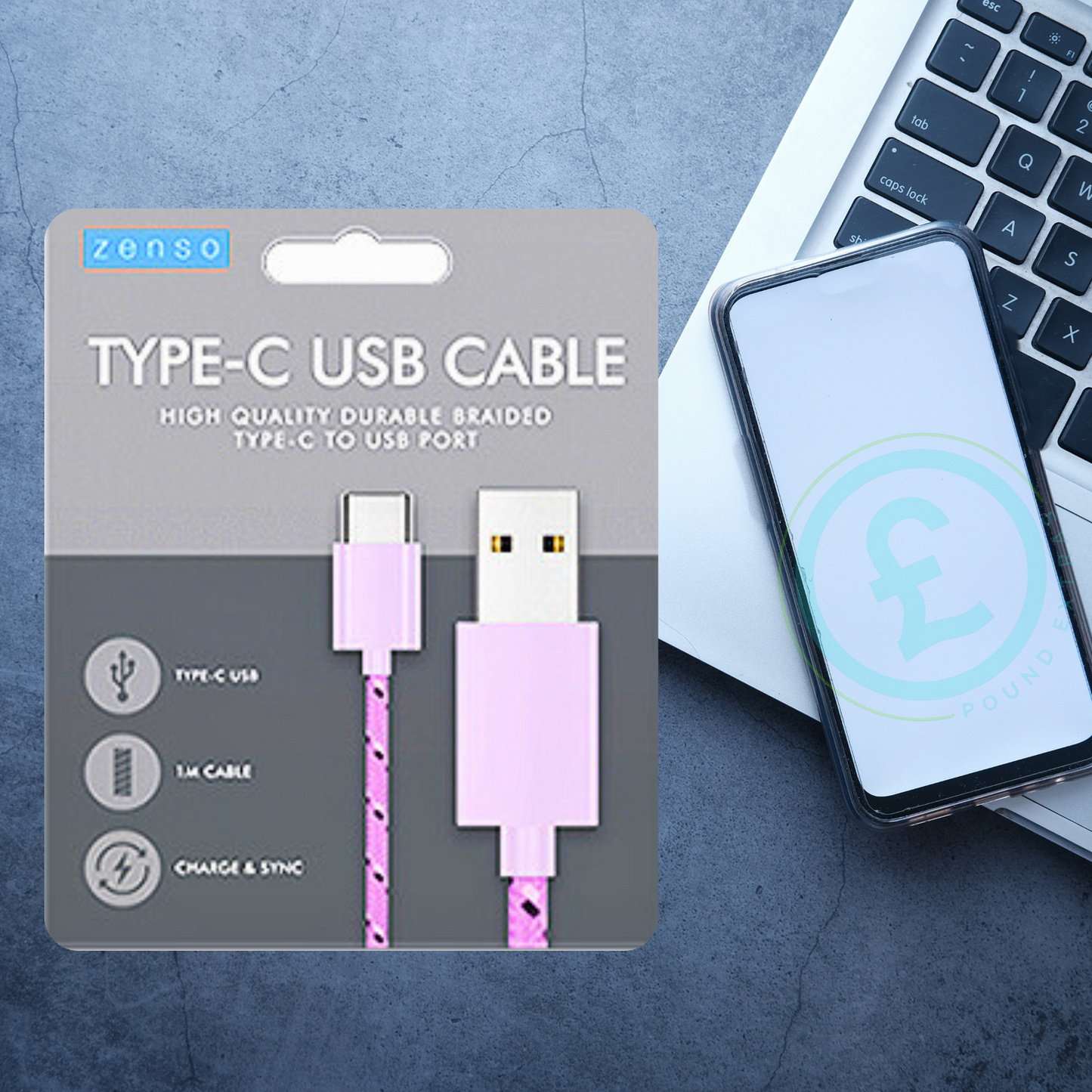 Zenso Type-C USB cable packaging with a smartphone on a blue surface pink