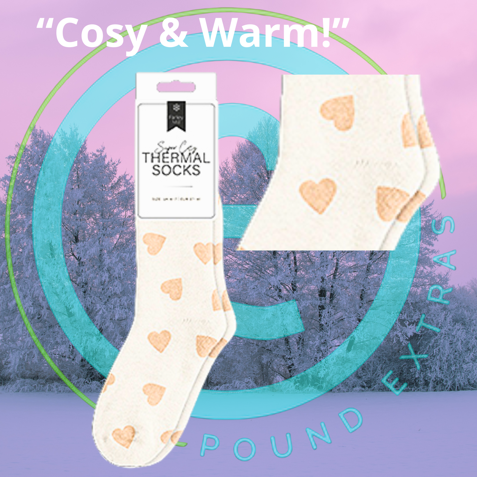 White thermal socks with heart patterns and packaging on a colorful abstract background.