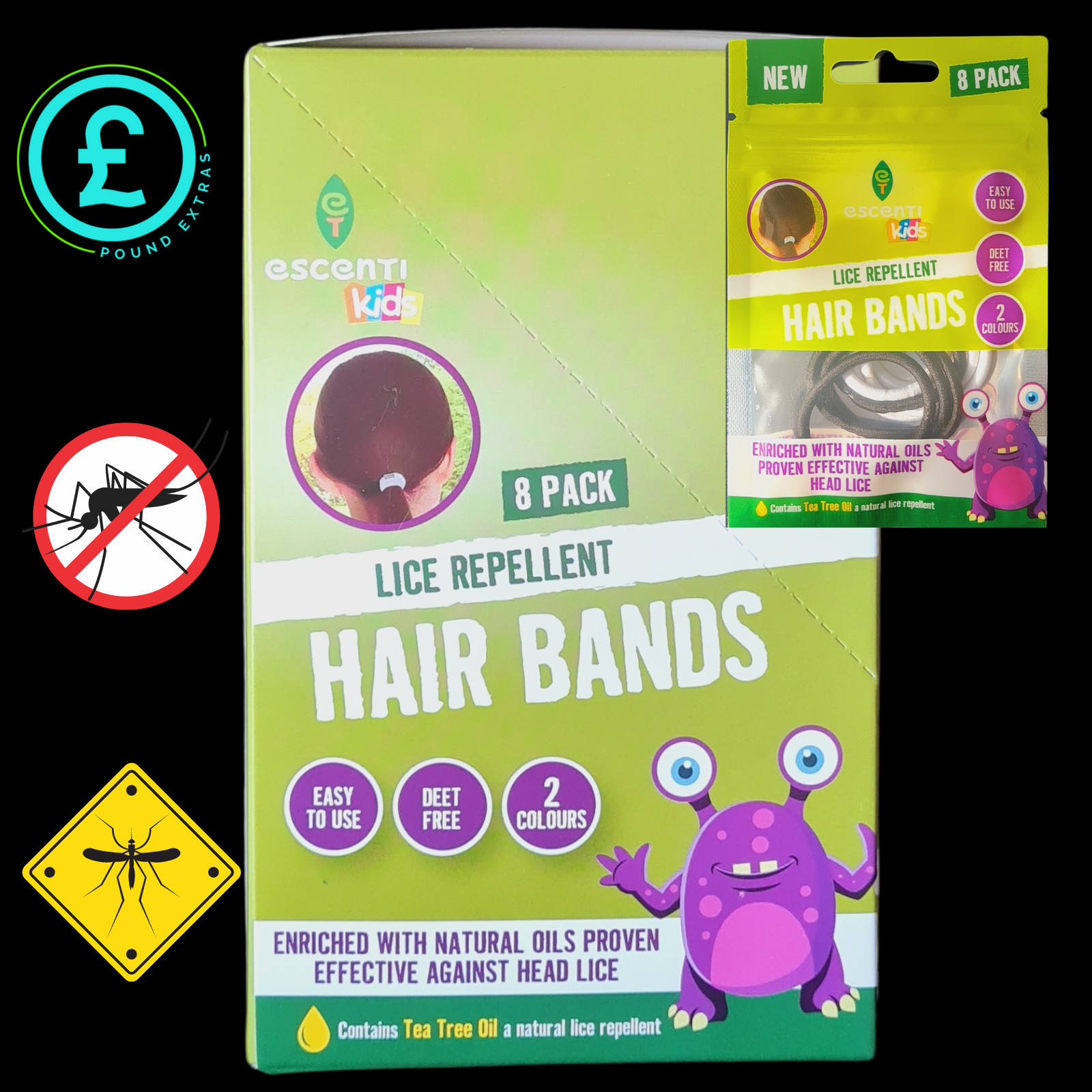 Lice repellent hair bands packaging with cartoon character on a black background