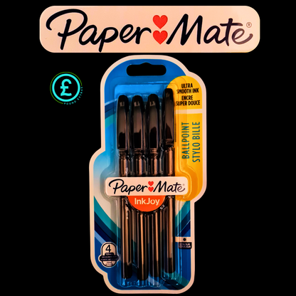 Pack of Paper Mate InkJoy ballpoint pens with packaging on a black background