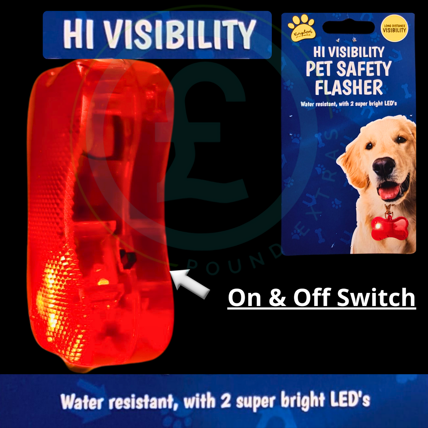 Red safety flasher with packaging featuring a dog and text about visibility and features.