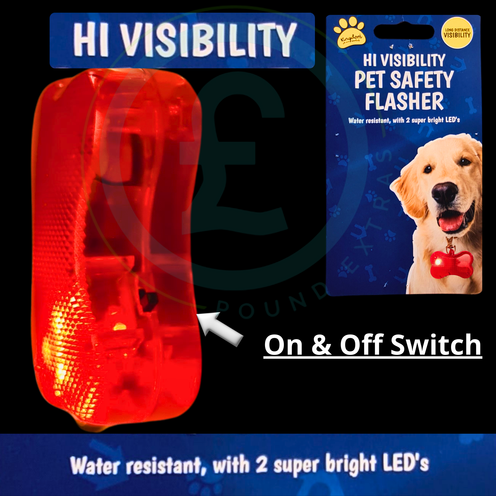 Red safety flasher with packaging featuring a dog and text about visibility and features.