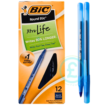 BIC Round Stic Xtra-Life ball pen packaging with two pens on a white background