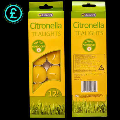 Packaging of Citronella tealights with Chatsworth branding on a black background.