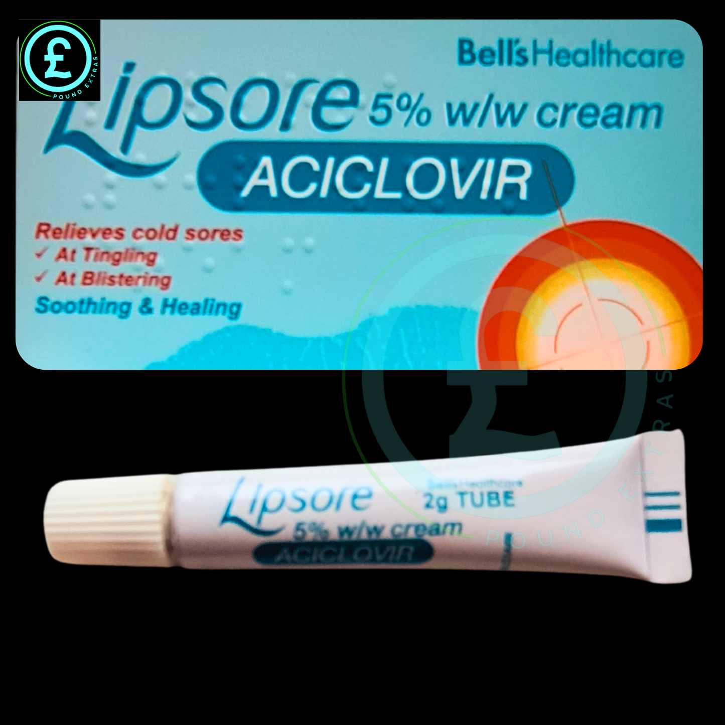 Lipsore Aciclovir cream packaging with a tube below on a black background