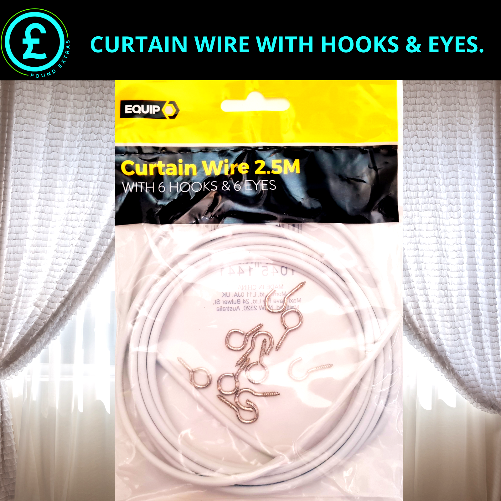 Packaged curtain wire with hooks and eyes on a white background