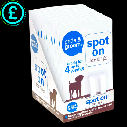 Box of Pride & Groom spot on for dogs with Pound Exports logo.