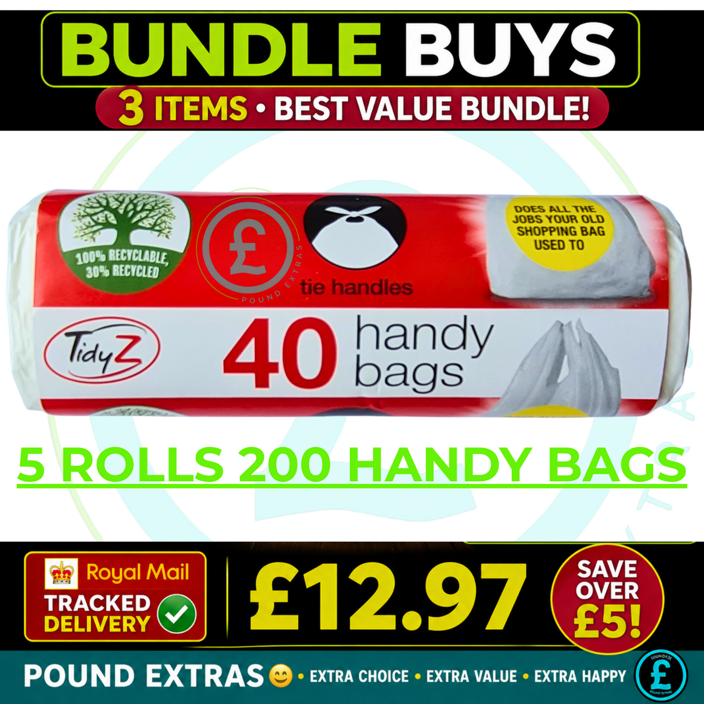 Shopping Bags Handy Plastic Bags 200 Pack 5 Rolls Tie Up Handles Strong Bags4
