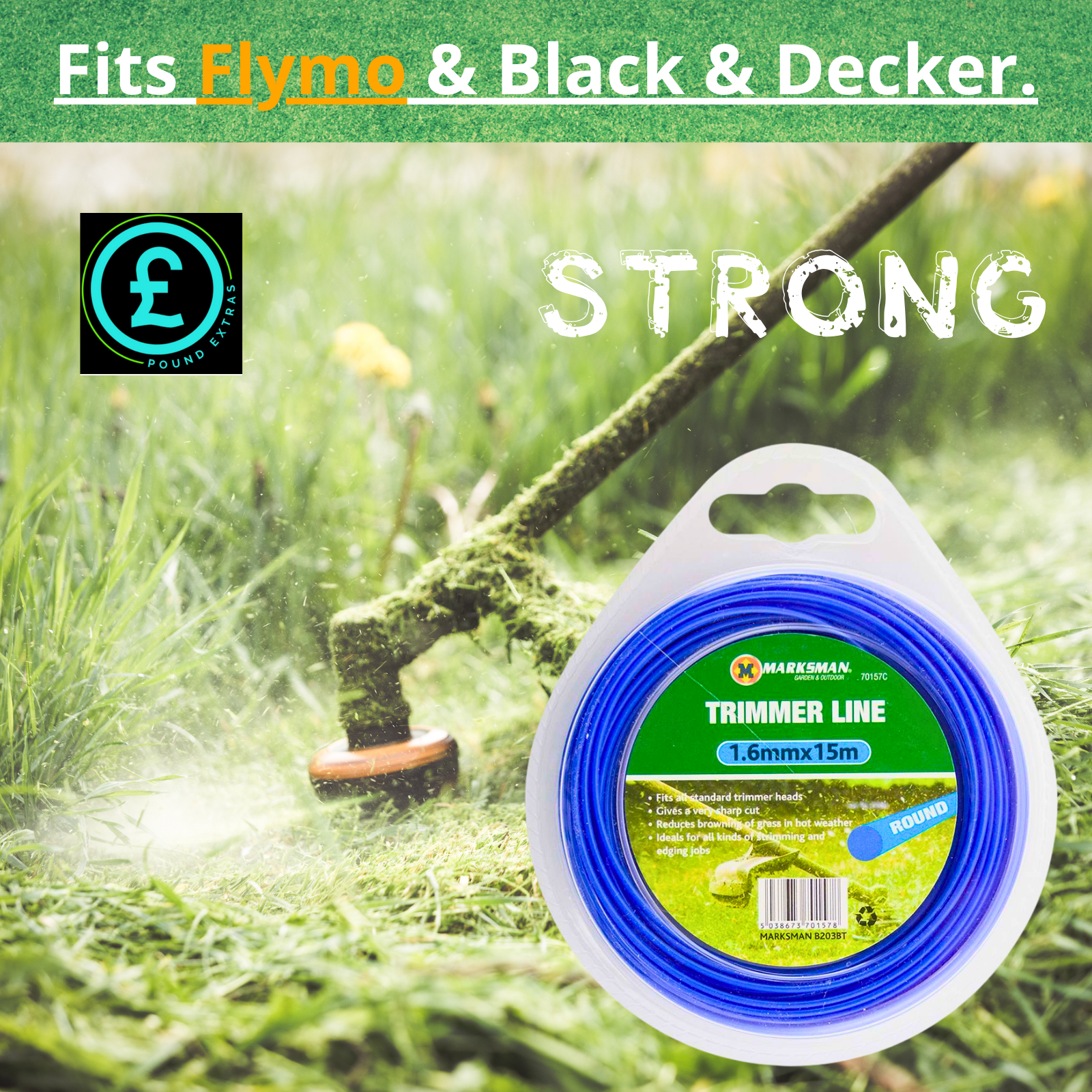 Trimmer line spool with grass and trimmer in the background, labeled for compatibility with Flymo and Black & Decker.