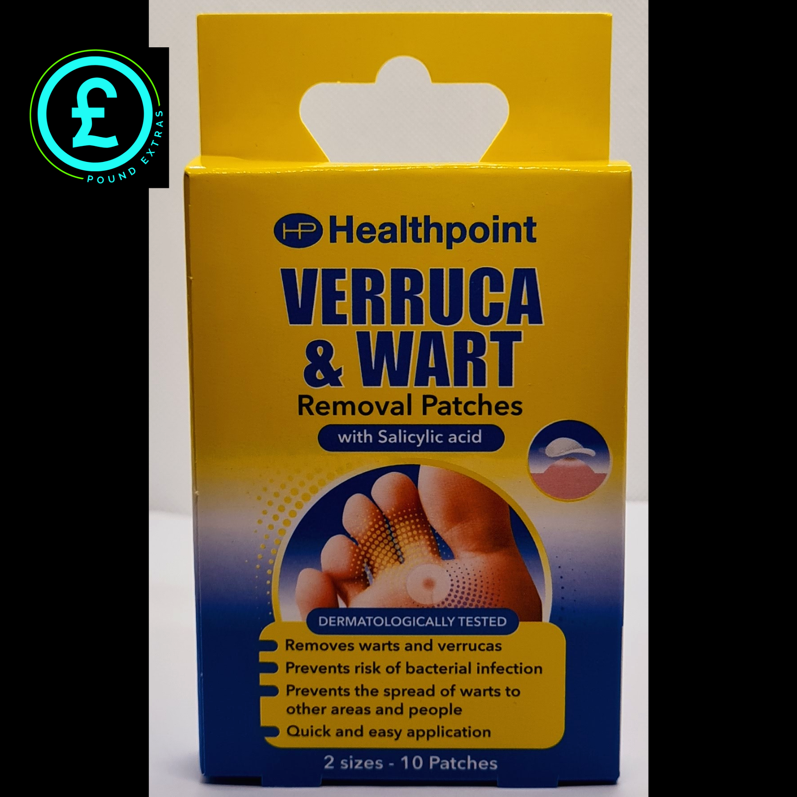 Healthpoint Verruca & Wart Removal Patches packaging with a yellow and blue design.