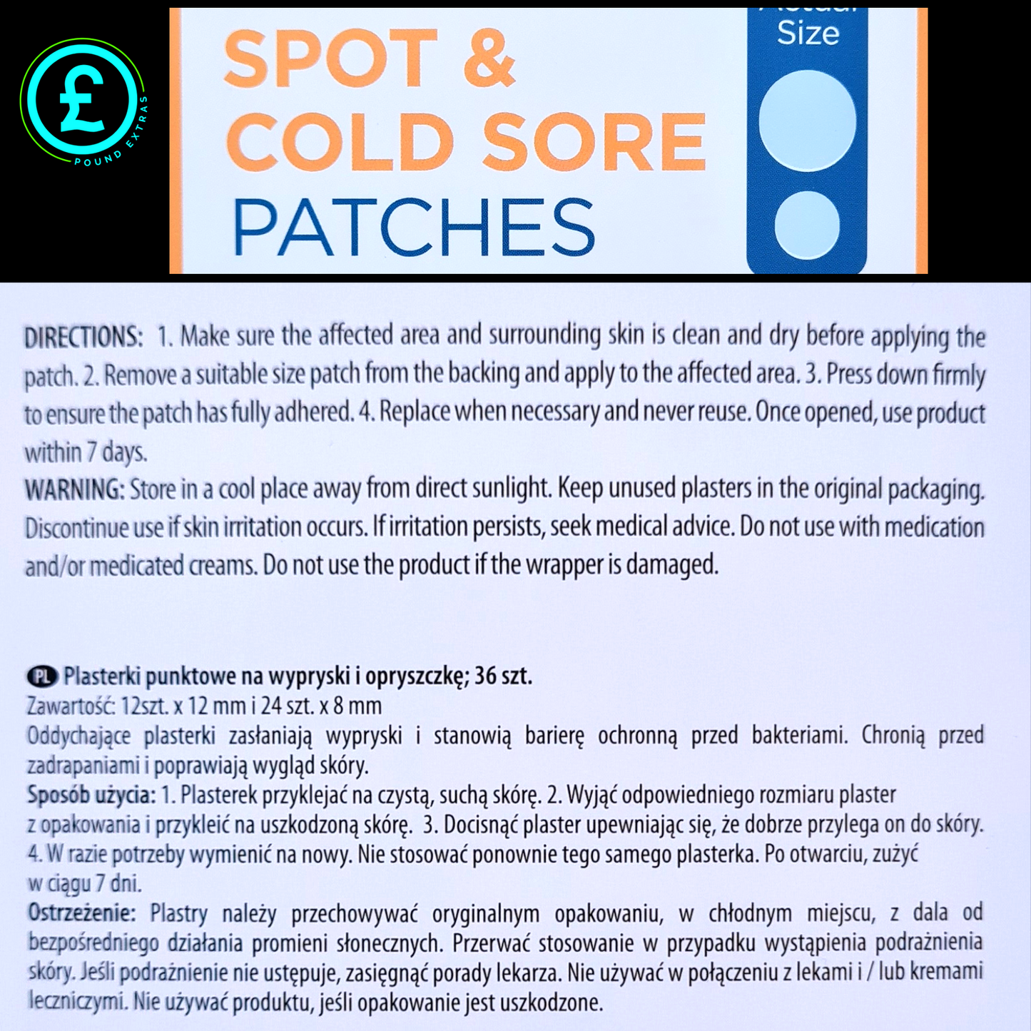 Product packaging for spot and cold sore patches with directions and warning information.