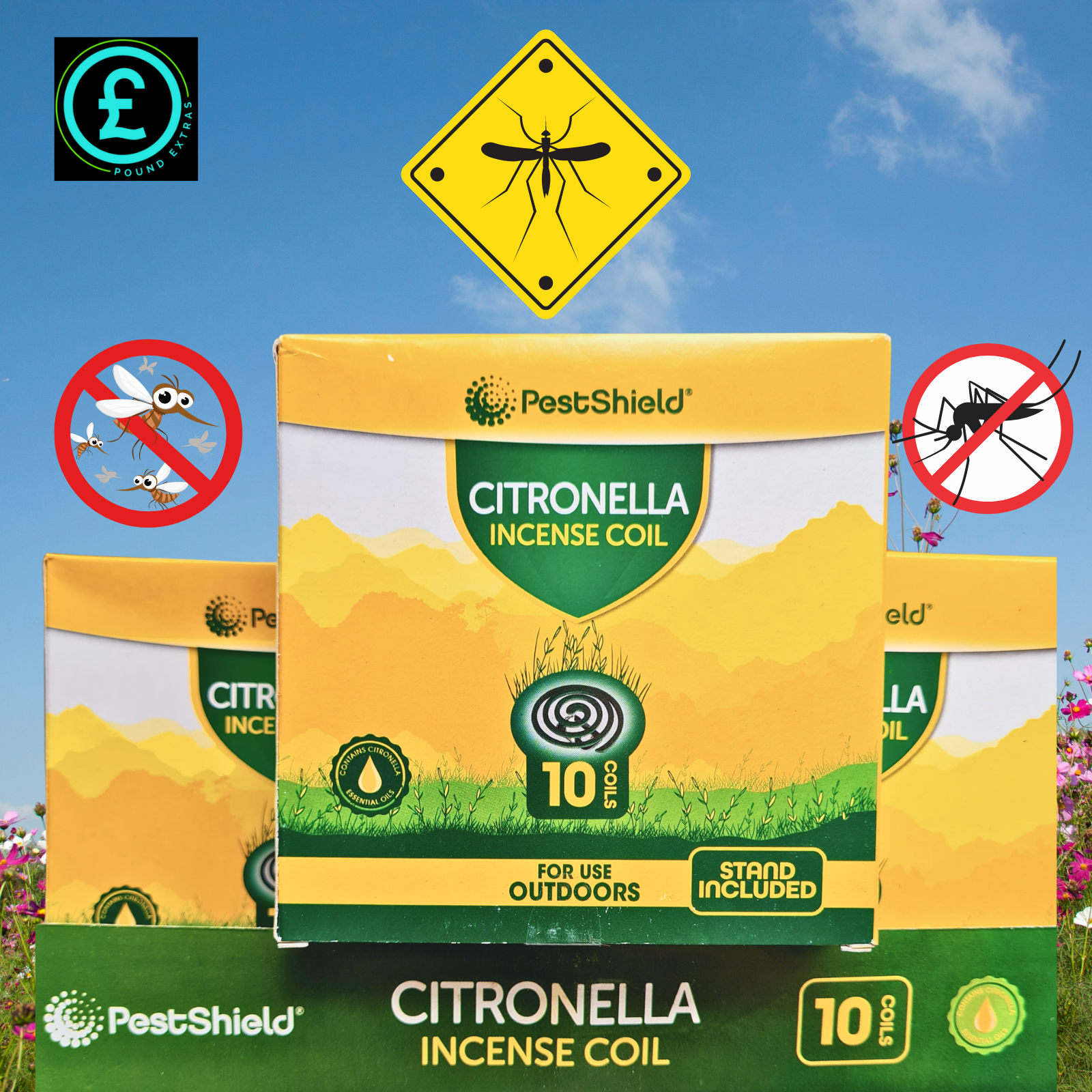 PestShield Citronella Incense Coil packaging with a blue sky and flowers in the background.