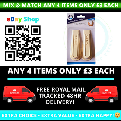 Promotional image for eBay Shop with rubber door stoppers, QR code, and Royal Mail delivery text.