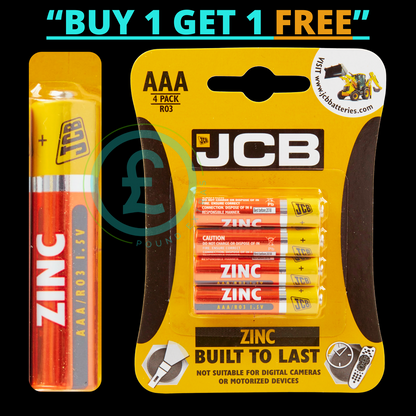 ❤️ POUND EXTRAS 😊 JCB AAA batteries 4 pack 1.5V long life power for remotes, toys & gadgets. Buy 1 Get 1 FREE offer while stocks last.