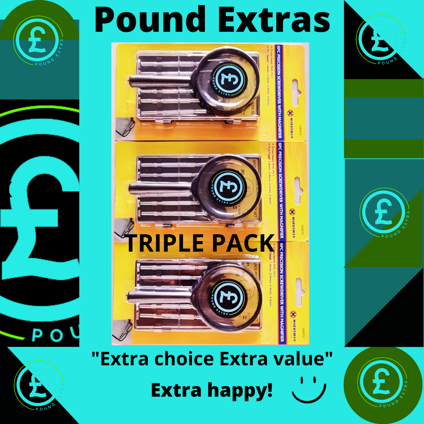 Triple pack of Pound Extras on a blue background with Pound logo.