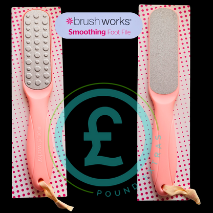 Pink smoothing foot file with 'brush works' branding on a black background