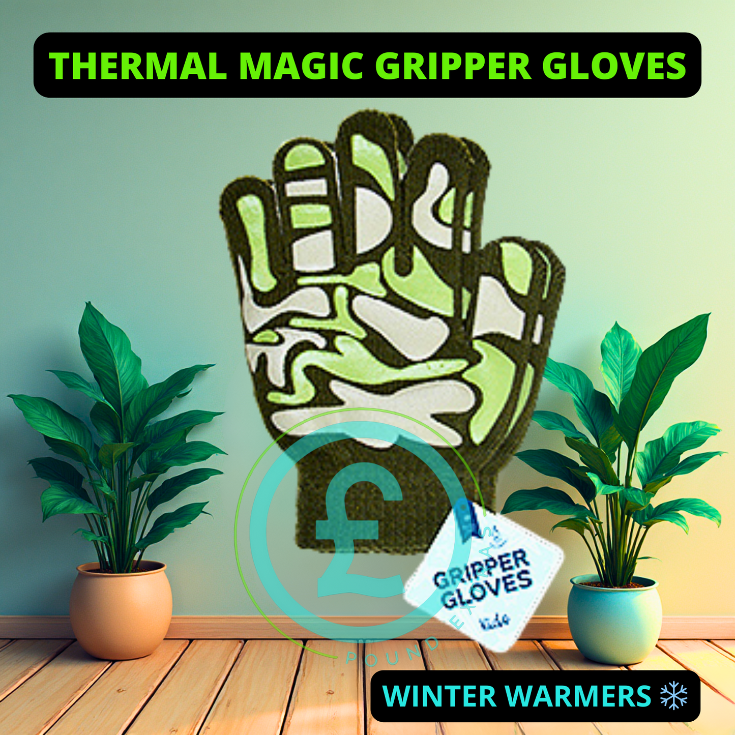 Gripper glove with green and white design, surrounded by potted plants on a wooden floor.