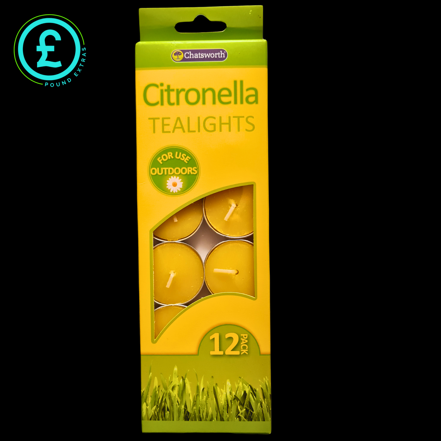 Pack of Chaseworth Citronella tealights with a grassy background