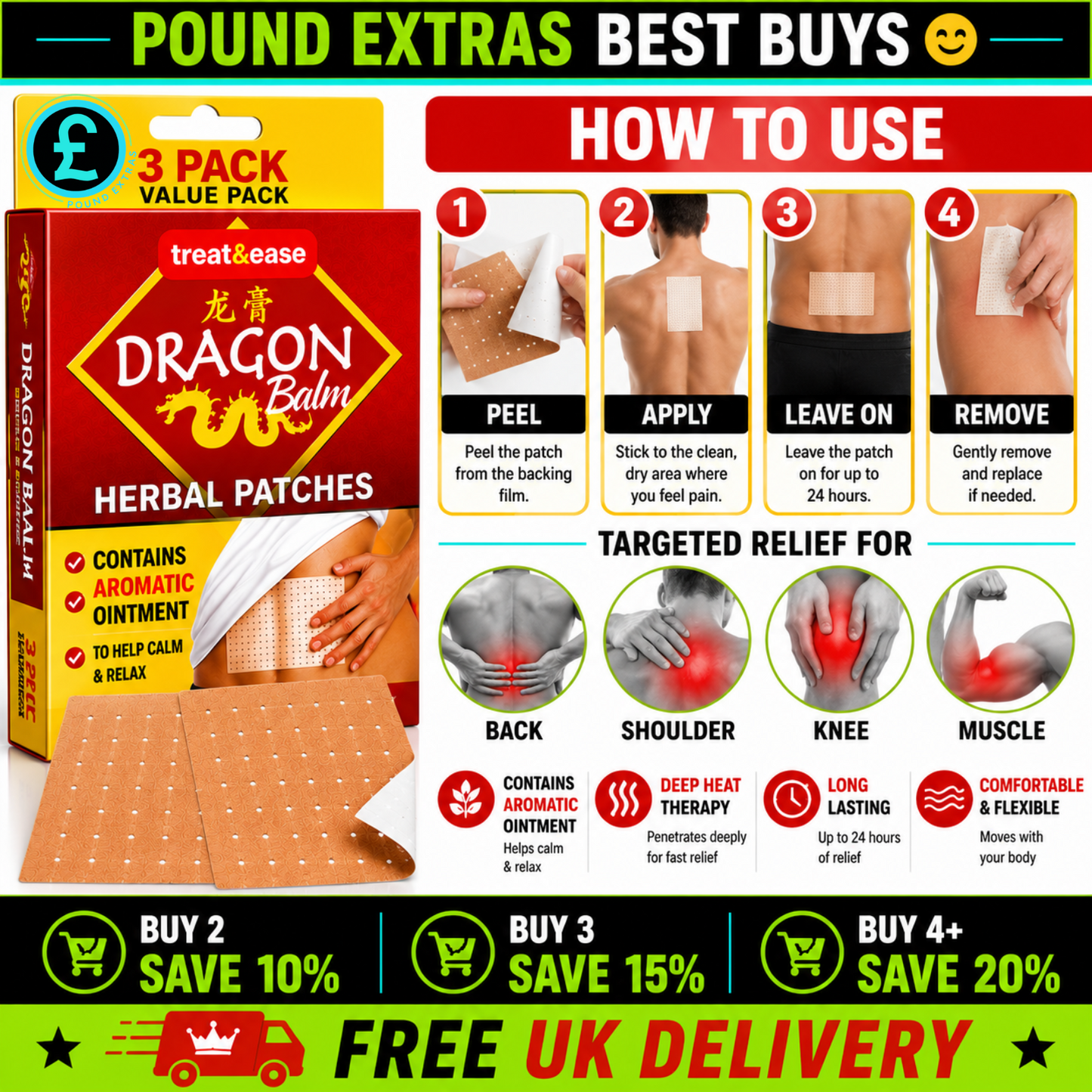 Dragon Balm Herbal Patches Pain Relief Heat Plaster Back Knee Muscle Deep Heat3