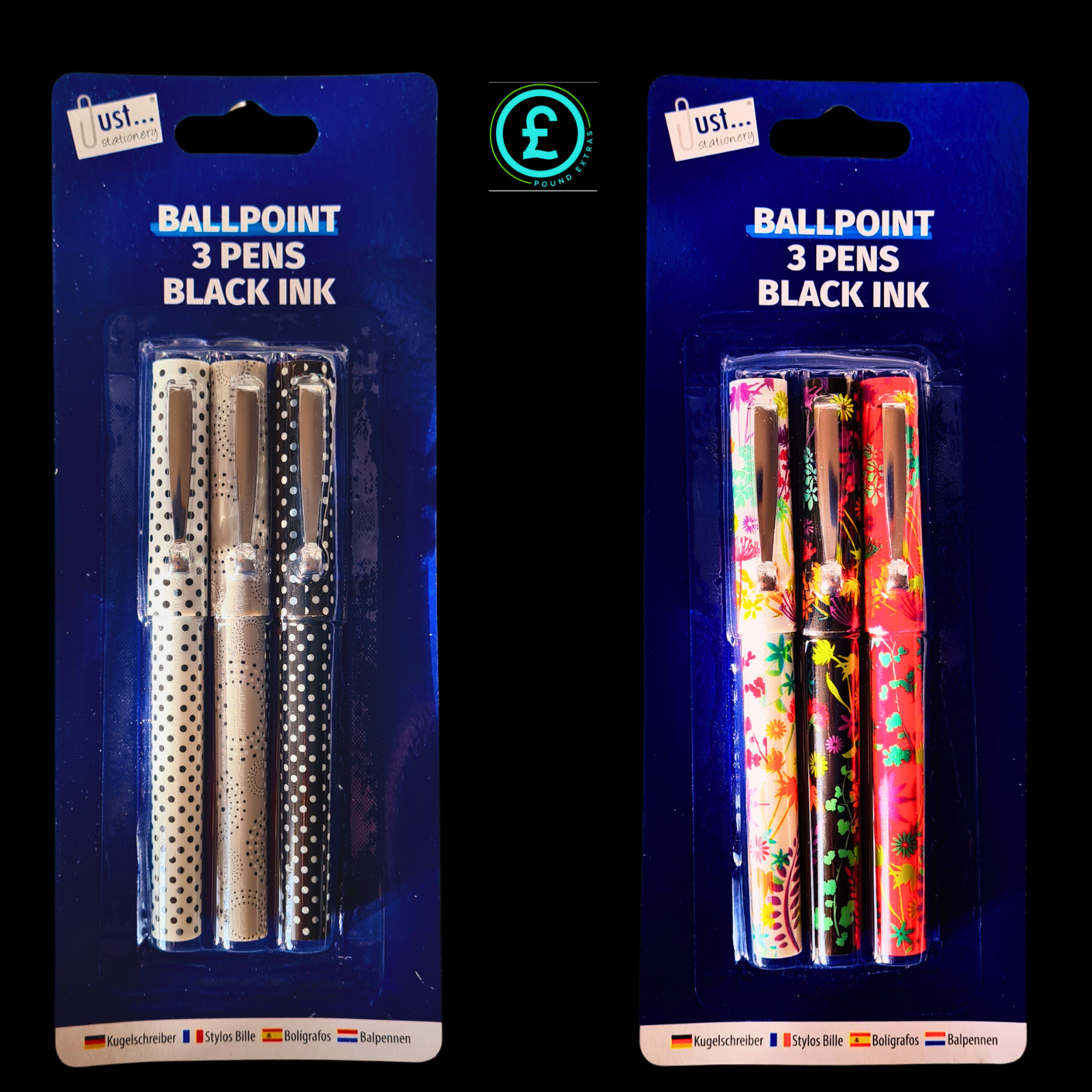 Two packages of ballpoint pens with black ink, one set with polka dot designs and the other with colorful patterns.