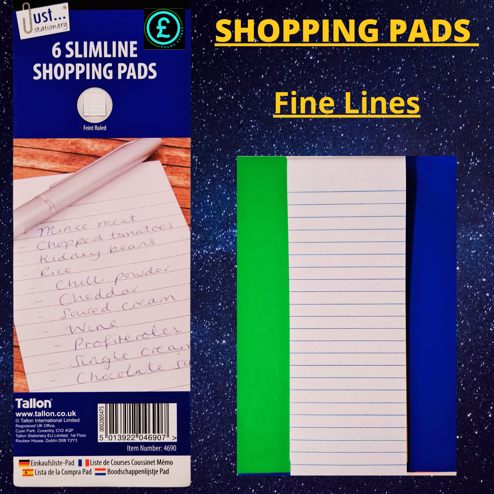 Tallon slimline shopping pads packaging with a sample pad on a wooden surface and a close-up of the pads.