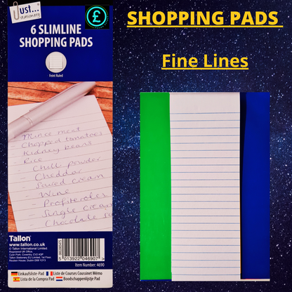 Tallon slimline shopping pads packaging with a sample pad on a wooden surface and a close-up of the pads.