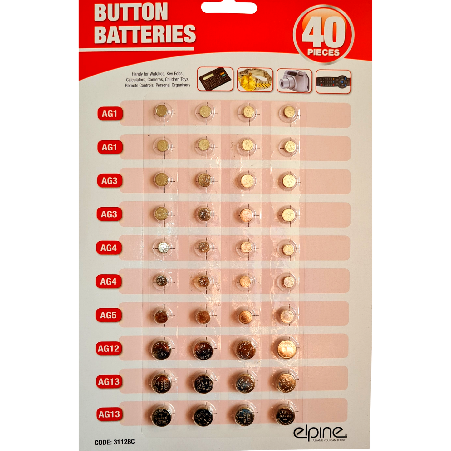 Packaging of button batteries with various types on a white background