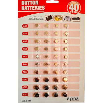 Packaging of button batteries with various types on a white background