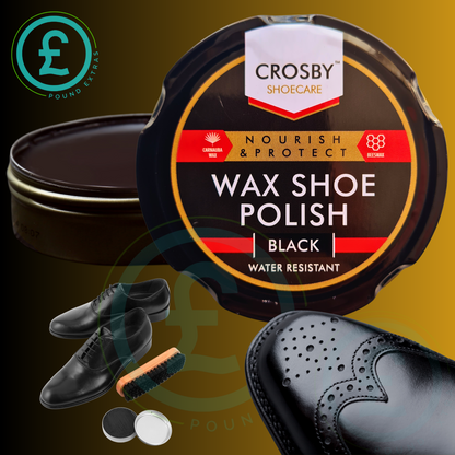 Crosby Wax Shoe Polish with shoes and brush on a gradient background