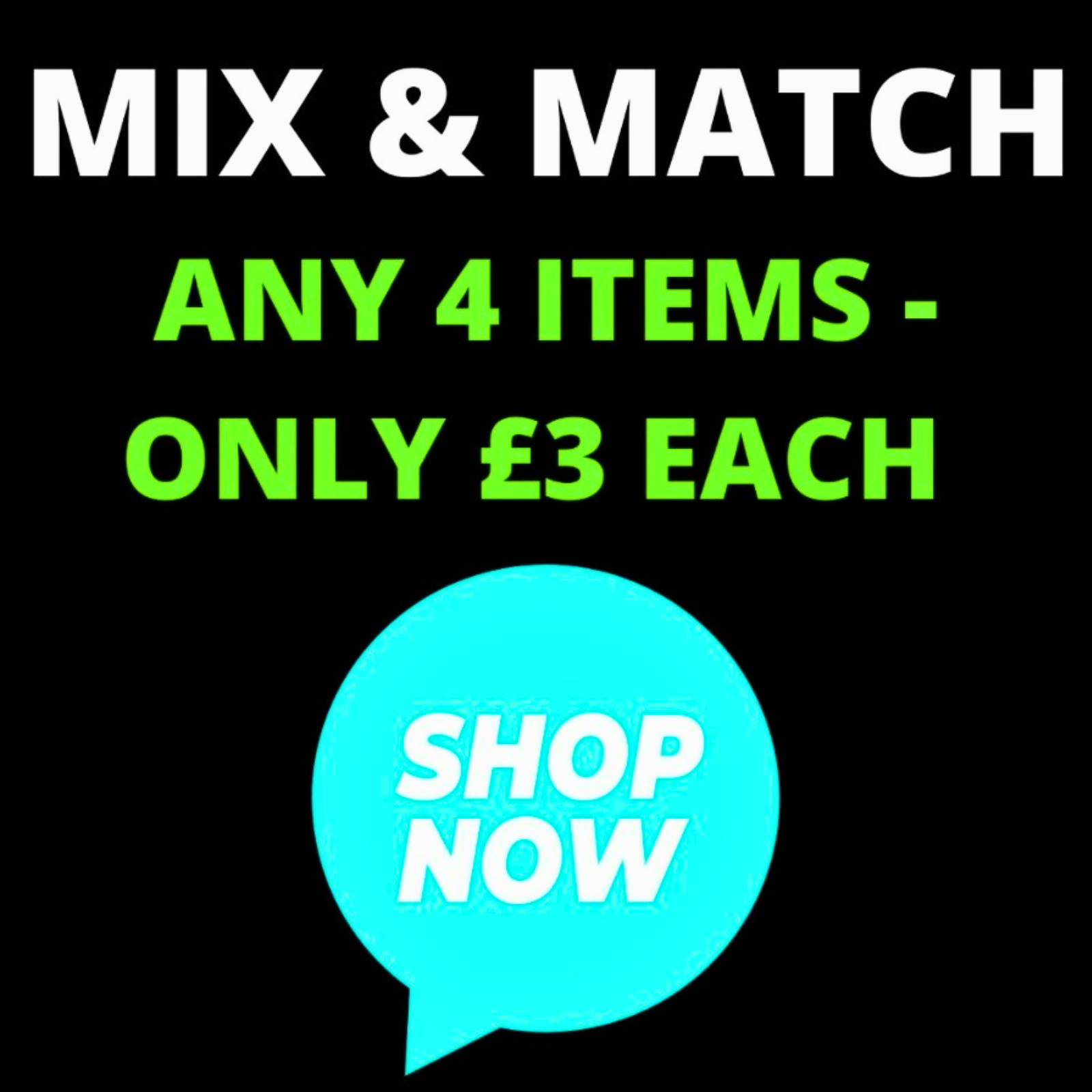 Promotional text on a black background with 'Shop Now' button. MIX & MATCH