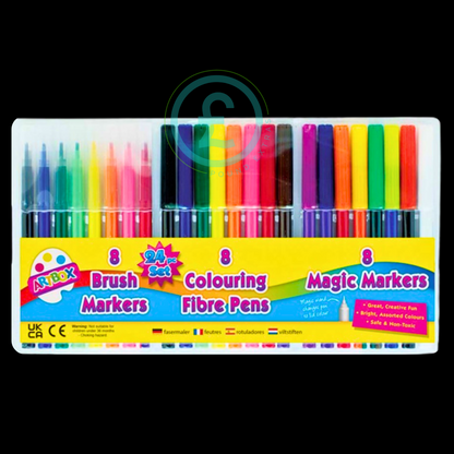 ✏️ Art-box 24pc Colouring Pen Set Kids Brush Pens Fibre & Magic Markers Gifts0
