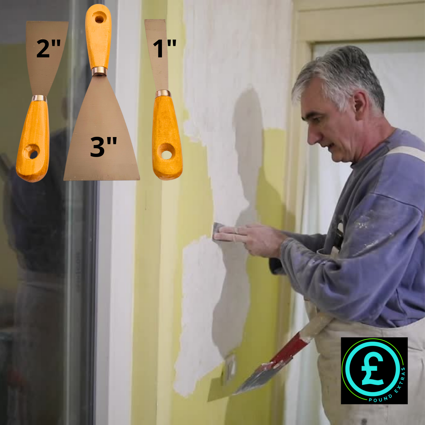 Man applying plaster to a wall with different sized putty knives displayed.