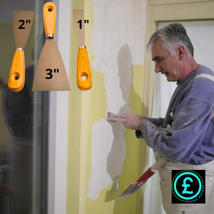 Man applying plaster to a wall with different sized putty knives displayed.