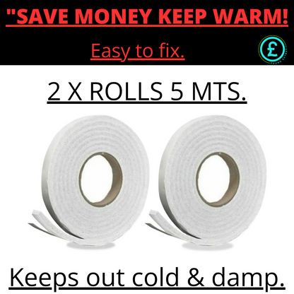 Two rolls of white tape with text promoting cost savings and warmth.