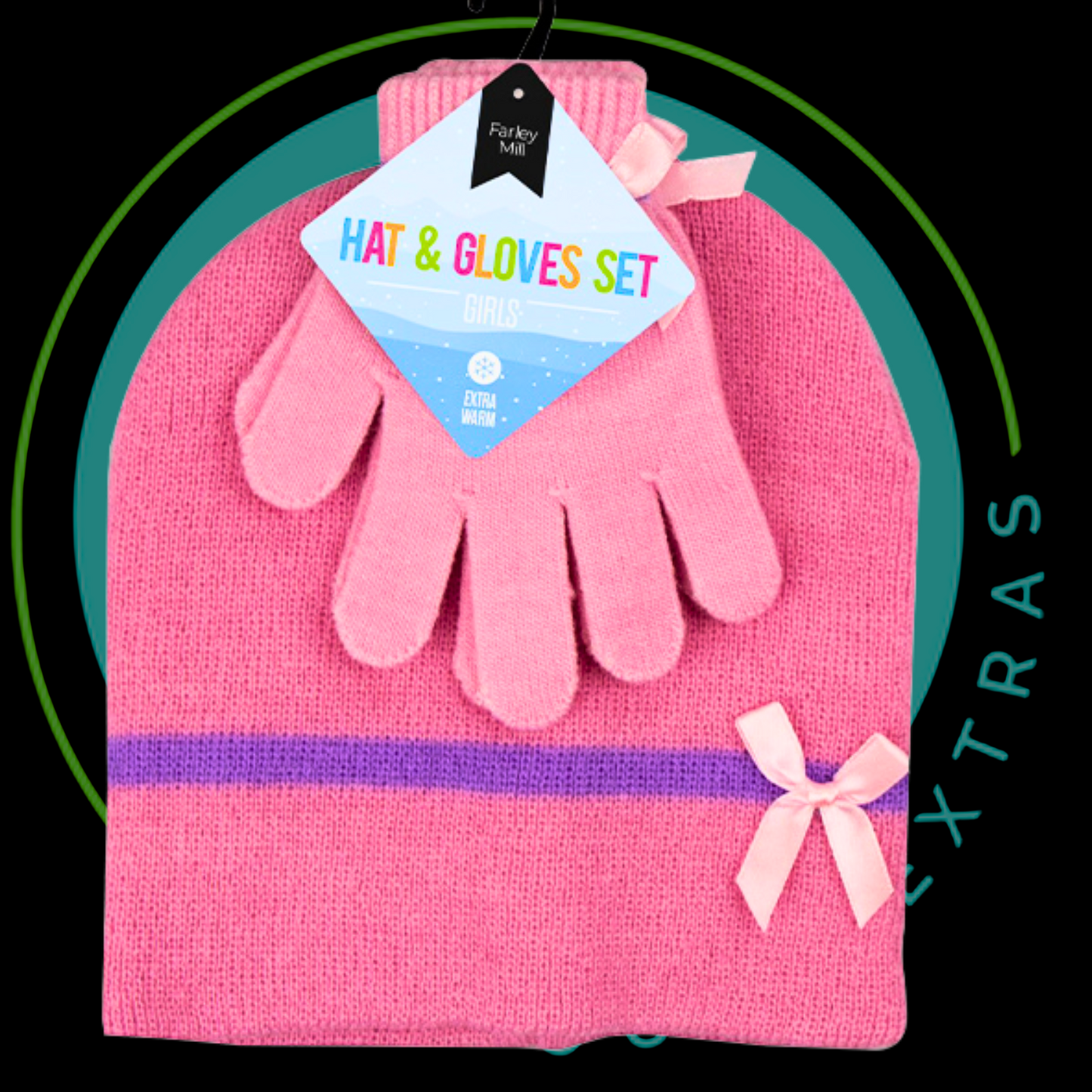 Pink hat and gloves set with a bow on a black background