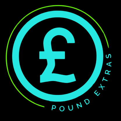 Logo with a pound symbol and 'Pound Extras' text on a black background