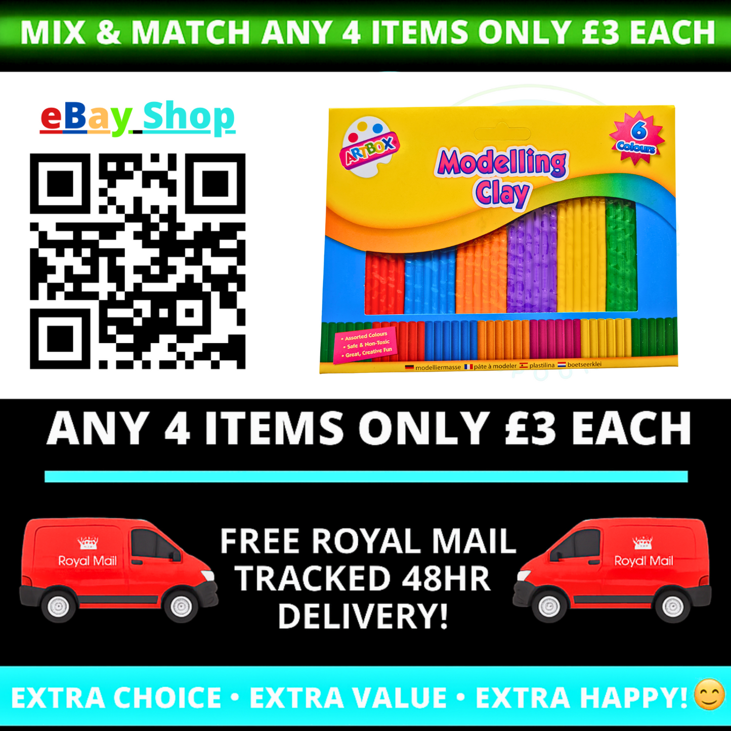 Colorful modelling clay set with promotional text and Royal Mail van graphics on a green and black background.