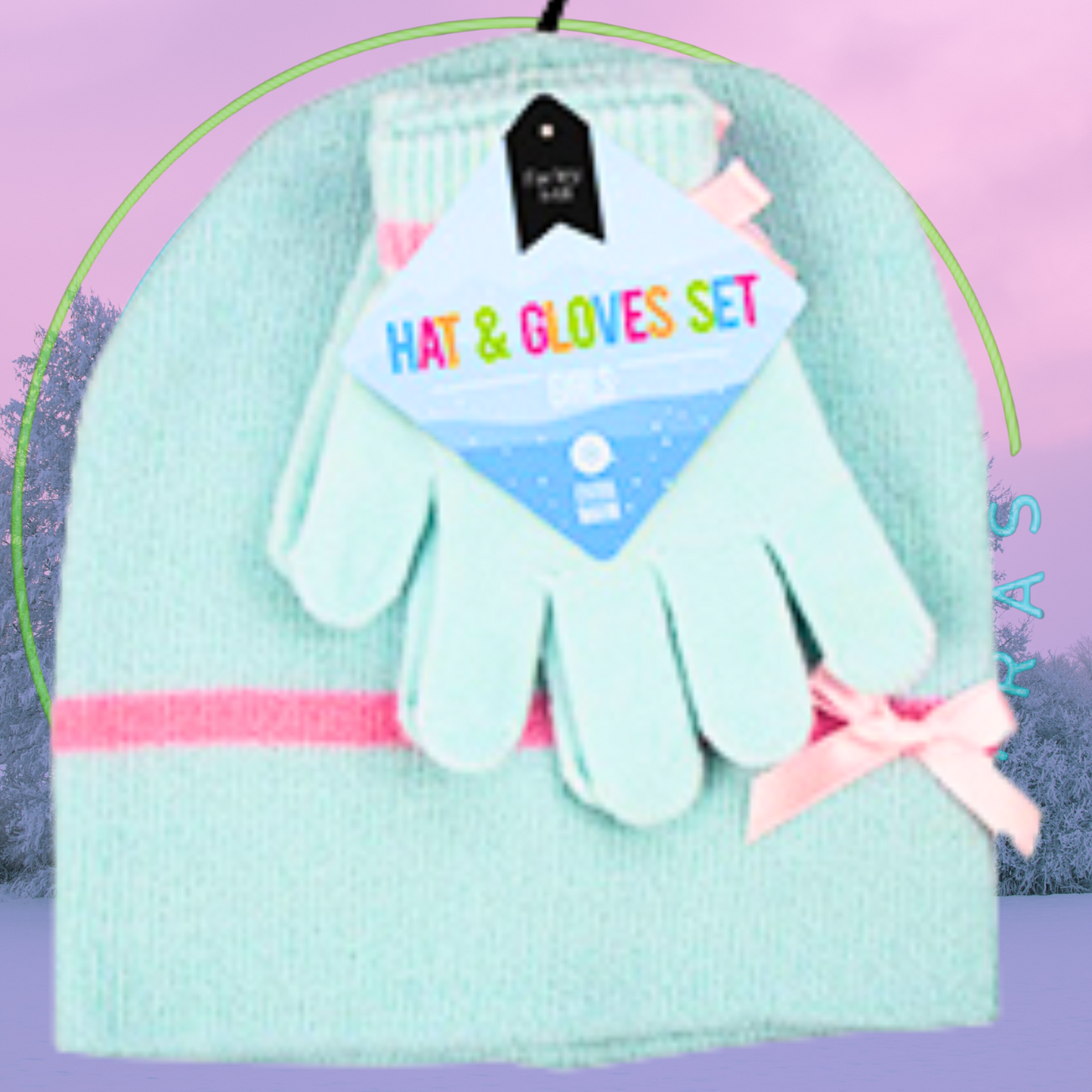 Mint green hat with pink trim and matching gloves on a purple background