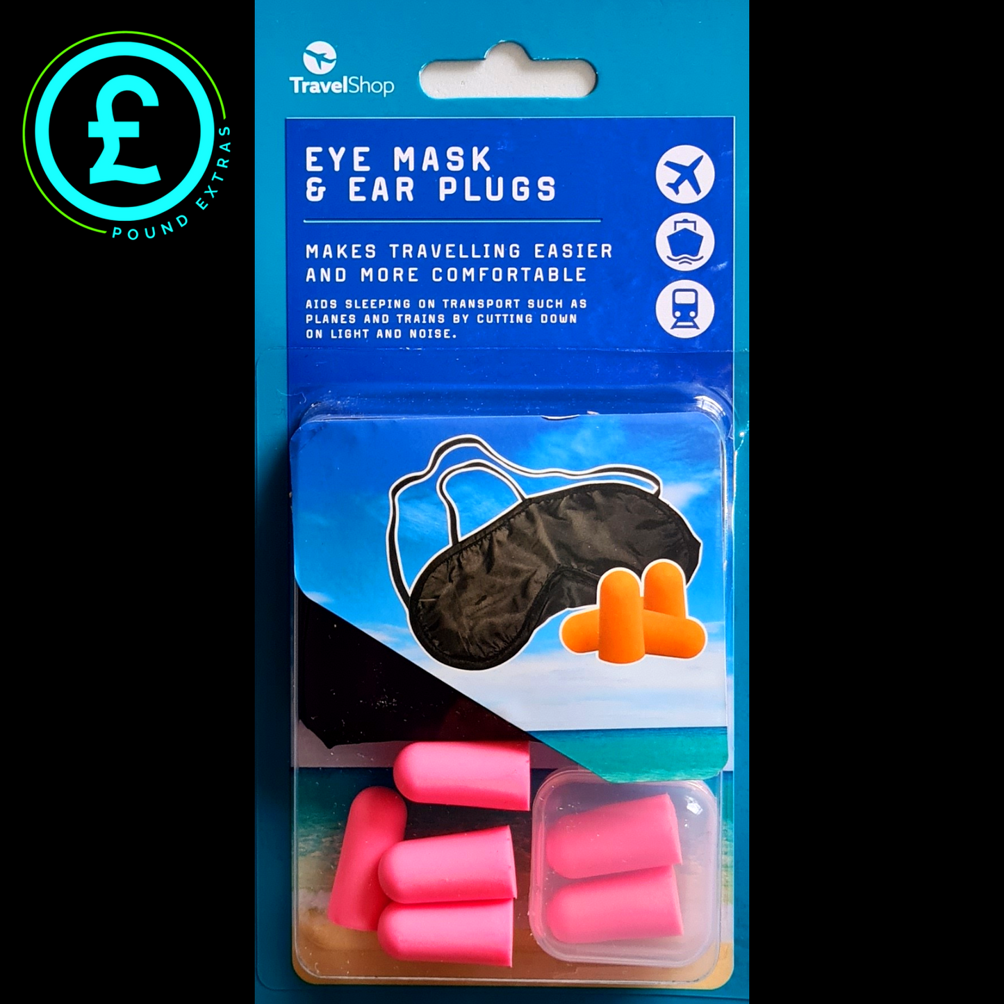 Packaged eye mask and ear plugs set with Travel Shop branding on a blue background.