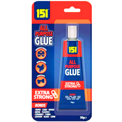 151 All Purpose Glue packaging with blue and red design on a white background