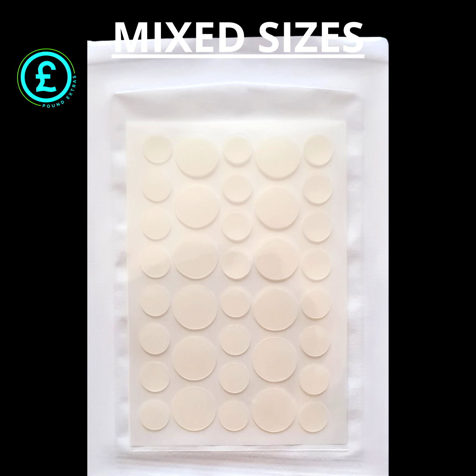 Pack of adhesive patches with 'Mixed Sizes' text and a Pound Sterling symbol on a white background.